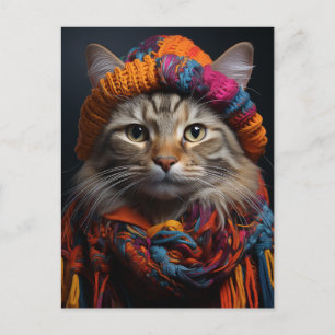 Carte Postale Chat adorable dans un écharpe et Casquette