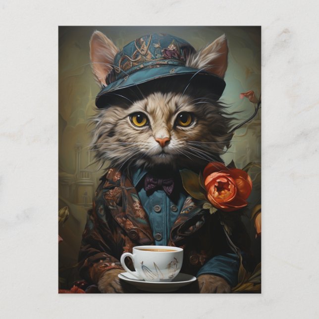 Carte Postale Chat adorable en costume avec café (Devant)