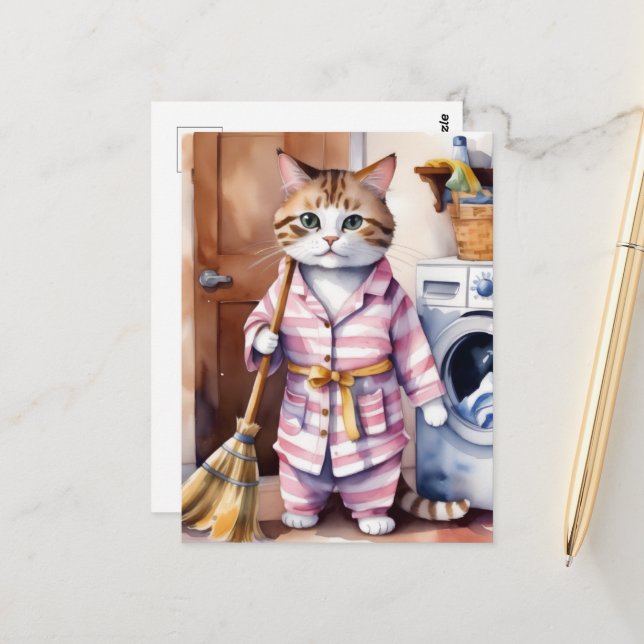 Carte Postale Chat adorable en pyjama Faire la blanchisserie Drô (Devant/Arrière en situation)