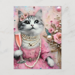 Carte Postale Chat adorable en robe rose avec perles