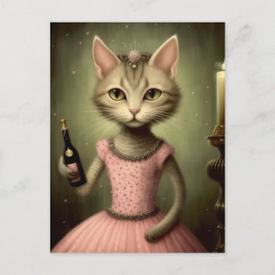 Carte Postale Chat adorable en rose avec bouteille de champagne