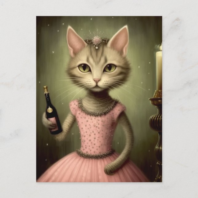 Carte Postale Chat adorable en rose avec bouteille de champagne (Devant)