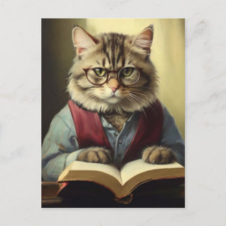 Carte Postale chat anthropomorphe lecture d'un livre