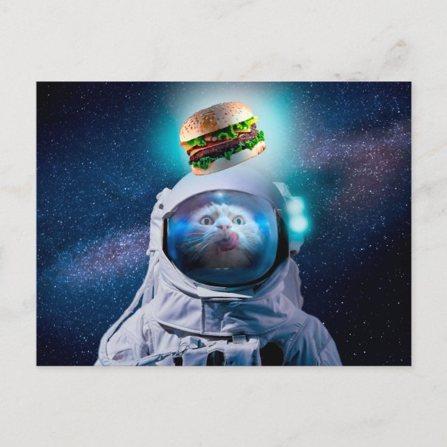 Carte Postale Chat astronaute souhaitant un hamburger (Devant)