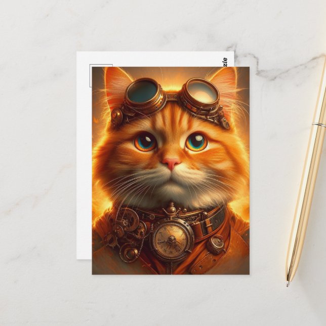 Carte Postale Chat au gingembre en vapeur (Devant/Arrière en situation)