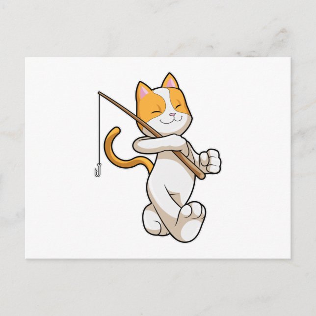 Carte Postale Chat au pêche avec une canne à pêche (Devant)