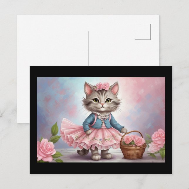 Carte Postale Chat aux fleurs roses en robe avec panier à fleurs (Devant / Derrière)