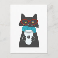 Chat aux lunettes tenant une tasse de café