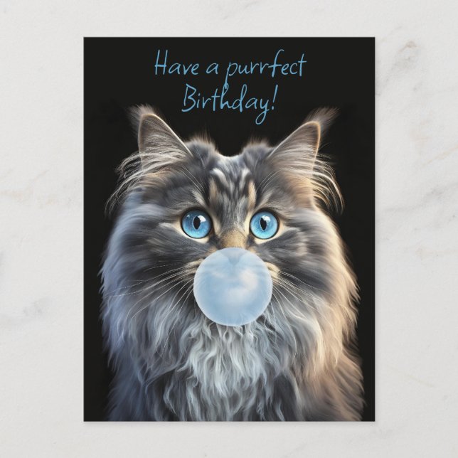 Carte Postale Chat aux yeux bleus soufflant un chewing-gum bleu (Devant)