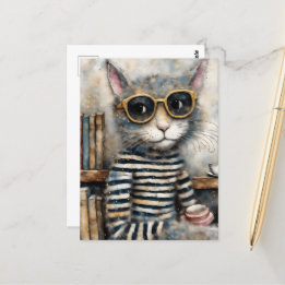 Carte Postale Chat avec café