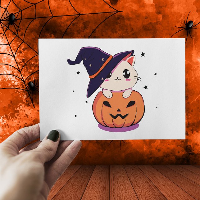 Carte Postale Chat avec casquette sorcier à Halloween Jack-O-Lan (Créateur téléchargé)