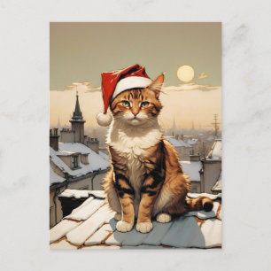 Carte Postale chat avec chapeau santa sur le toit