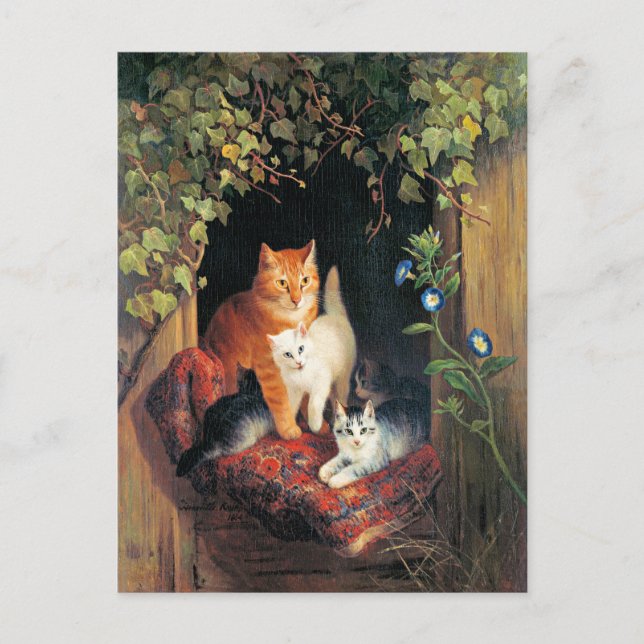 Carte Postale Chat avec chatons, peinture d'art, (Devant)
