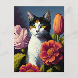Carte Postale chat avec fleurs