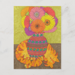 Carte Postale Chat avec Gerbera Daisies en Talavera Vase
