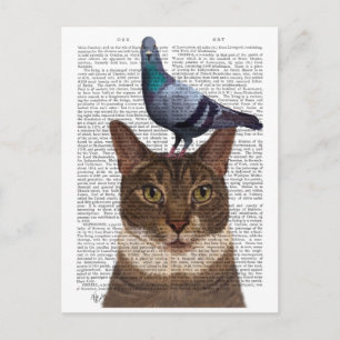Carte Postale Chat avec pigeon sur tête