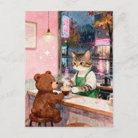 Chat Barista Tacheté au Style Aquarelle Servant un