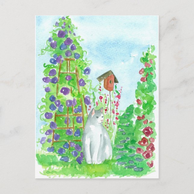 Carte Postale Chat Bird House Hollyhocks Fleurs de Jardin d'été (Devant)
