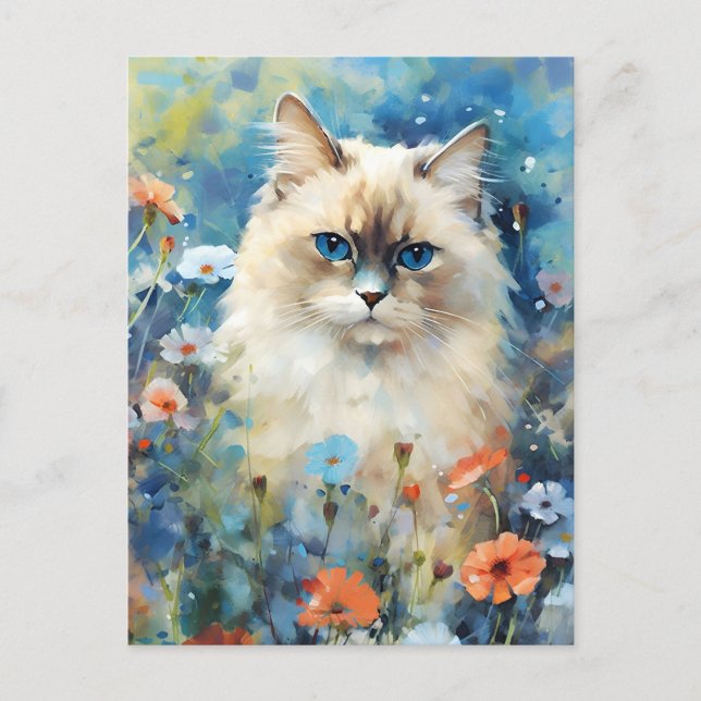 Carte Postale Chat Birman aquarelle colorée (Devant)