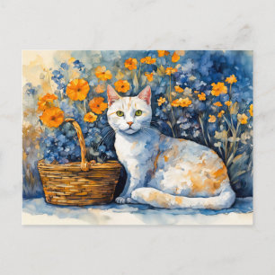 Carte Postale Chat blanc aquarelle dans le panier à fleurs