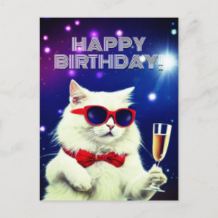 Carte Postale Chat blanc avec des lunettes de soleil pour souhai