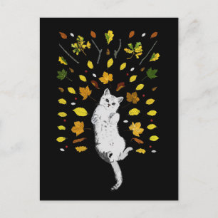 Carte Postale Chat blanc avec illustration des feuilles de chute