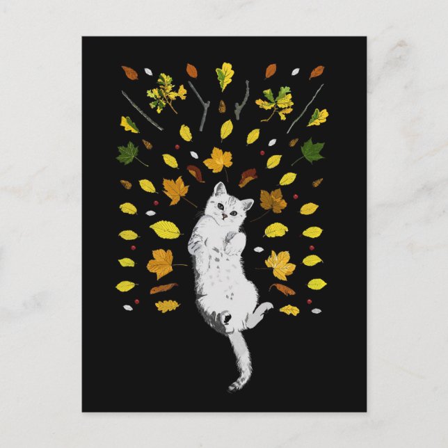Carte Postale Chat blanc avec illustration des feuilles de chute (Devant)