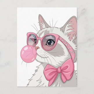 Carte Postale Chat Blanc Cool avec Lunettes de Soleil Roses