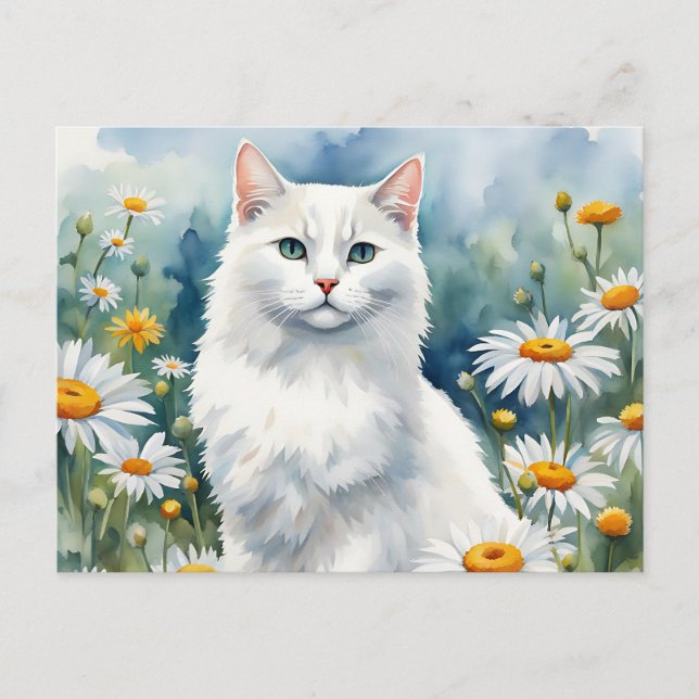 Carte Postale Chat Blanc Élégant Aquarelle avec Fleurs de Margue (Devant)