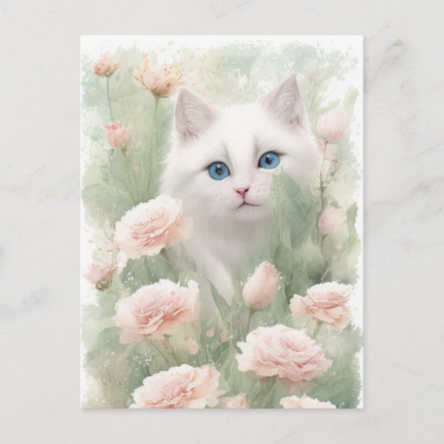 Carte Postale Chat blanc et fleurs roses (Devant)