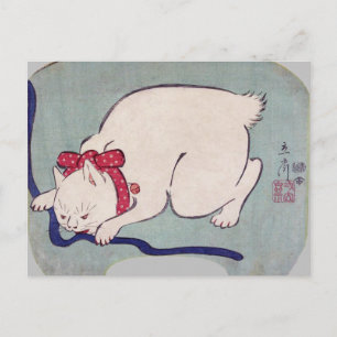 Carte Postale Chat Blanc Jouant Avec Une Chaîne, Hiroshige