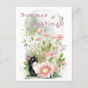 Carte Postale Chat blanc noir dans le jardin floral