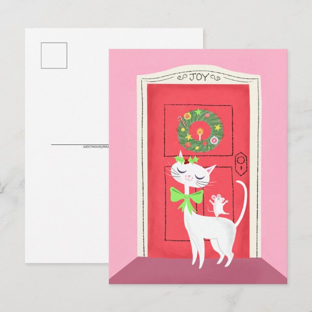 Carte postale Chat blanc rétro Noël et souris (Devant / Derrière)