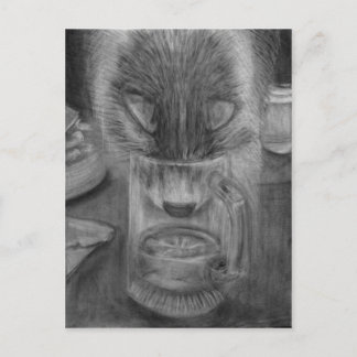 Carte Postale Chat Boire de l'eau Cute Dessin original de charbo