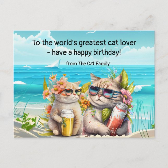 Carte Postale Chat boit sur la plage Anniversaire  (Devant)