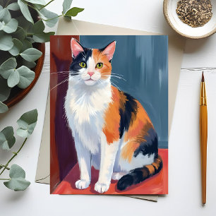 Carte Postale Chat calico   Peinture aquarelle de joli chaton