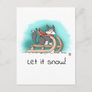 Carte Postale Chat caricature noir et blanc brave sur traîneau à