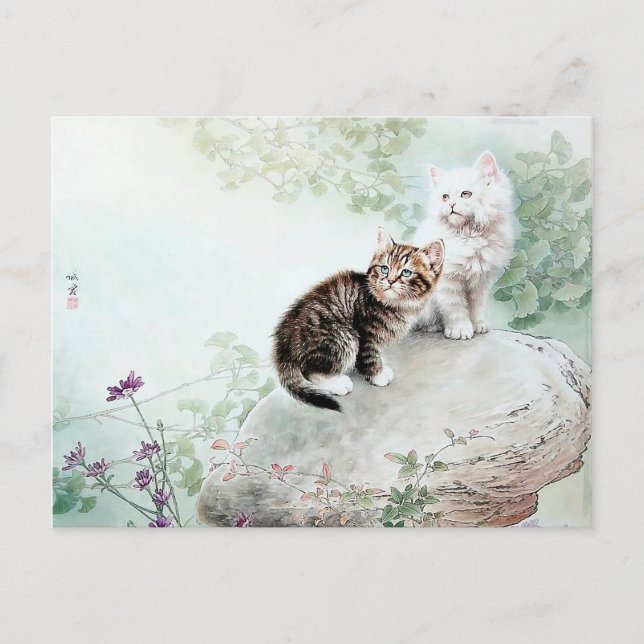 Carte Postale Chat chinois Art deux chats (Devant)