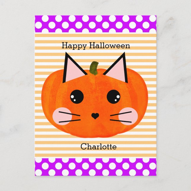 Carte Postale Chat Citrouille violet orange Joyeux Halloween (Devant)