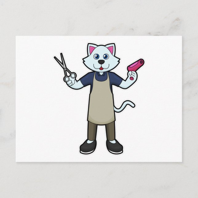 Carte Postale Chat coiffeur avec ciseaux & sèche-cheveux (Devant)