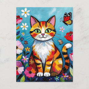Carte Postale Chat Coloré, Fleurs et Papillon 