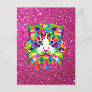 Carte Postale Chat coloré sur fond scintillant
