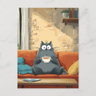 Carte Postale Chat confortable avec café