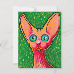 Carte Postale Chat Curieux Heureux Sans Poils au Pastel à l'Huil