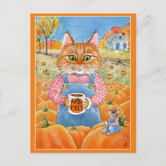 Carte Postale Chat Cute Souris citrouille patch automne (Devant)