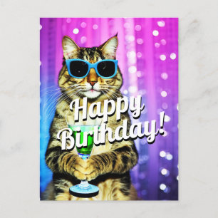 Carte Postale Chat d'anniversaire toastant drôle 