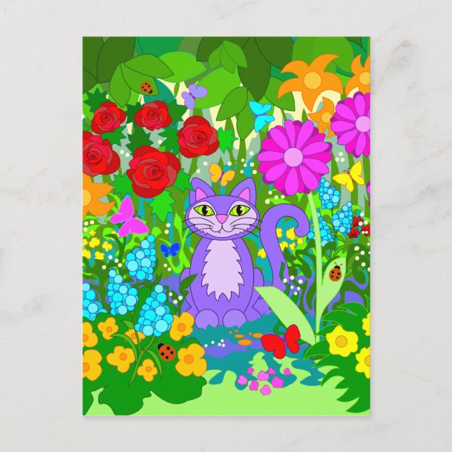 Carte Postale Chat dans Jardin Fleurs d'Imaginaire Papillons Lad (Devant)