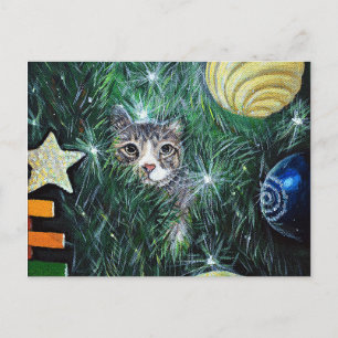 Carte Postale Chat dans la peinture de l'arbre de Noël