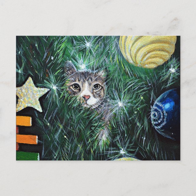 Carte Postale Chat dans la peinture de l'arbre de Noël (Devant)