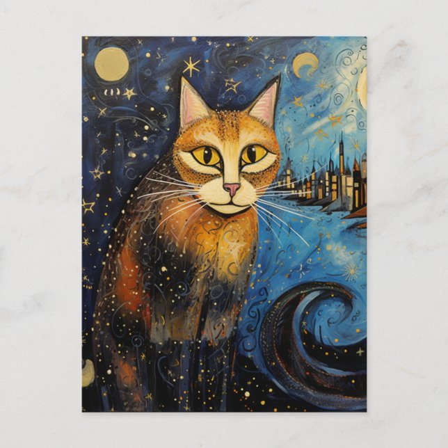 Carte Postale Chat dans la ville de nuit étoilée (Devant)